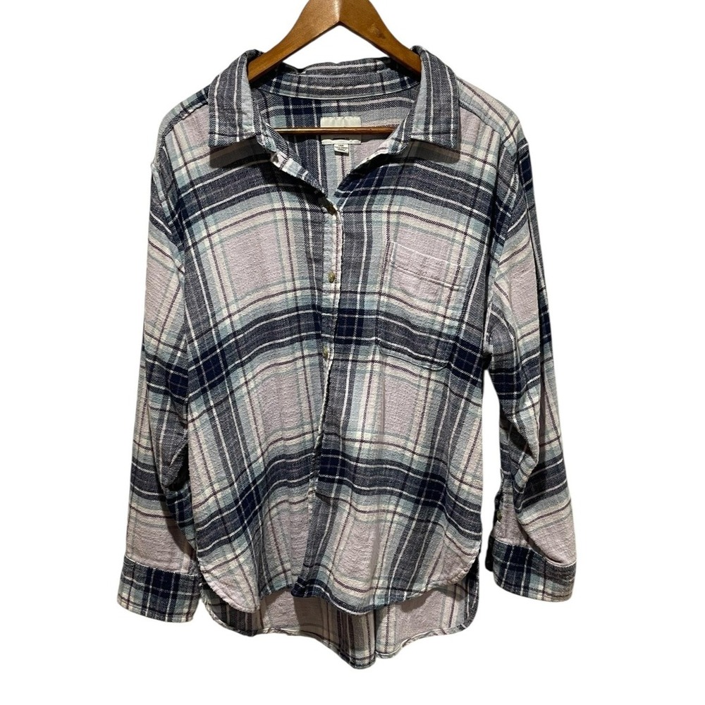 American Eagle Flannel Womens Large Plaid Boyfriend Fit Fall‎ Purple Cozy Cabin